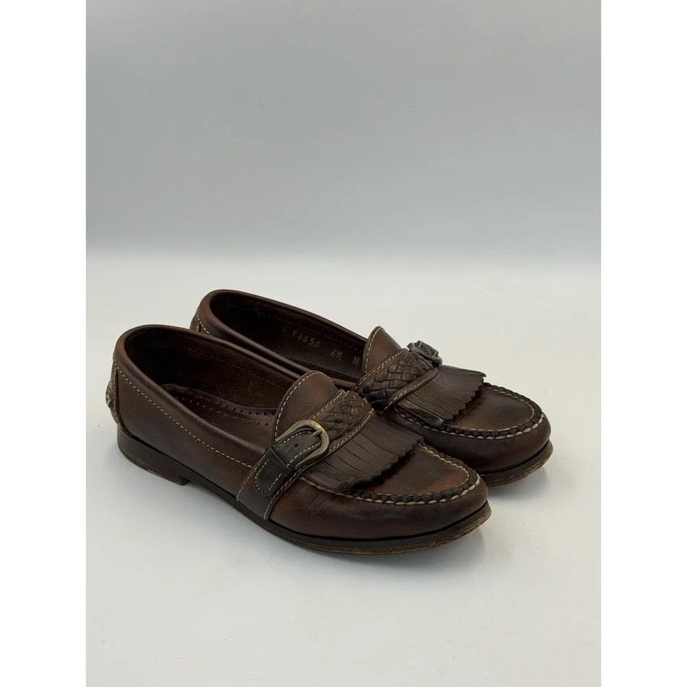 Cole Haan Brown Leather Kiltie Loafers Buckle Braided Moc Toe Women's 6.5M